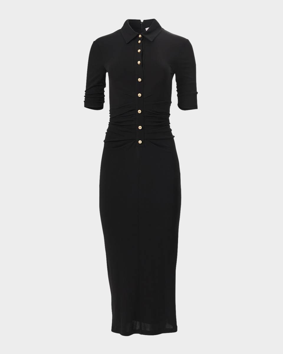 Ruched Button-Front Midi Polo Dress